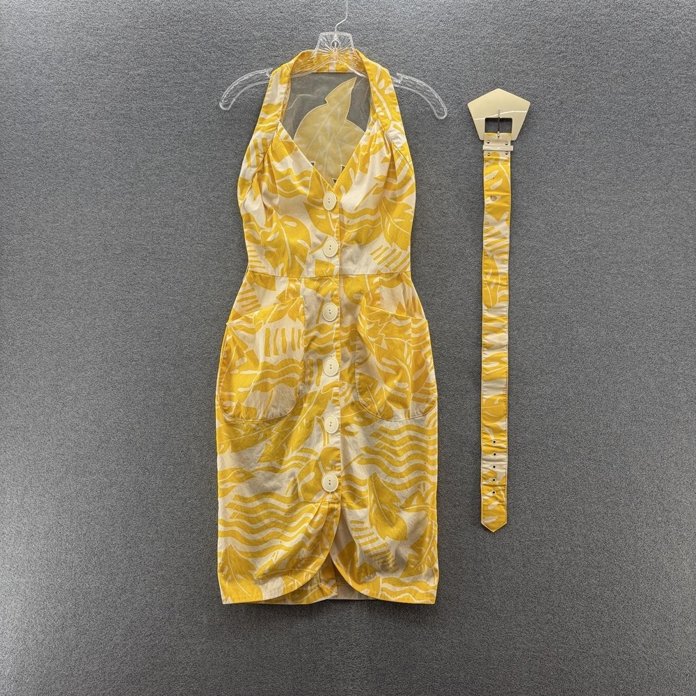 VTG 80s Karen Okada for David Howard Dress Junior 5/6 Yellow Print Belted Halter